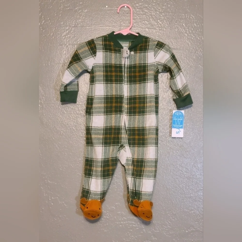 Carters Plaid Green/White Kids 1 Piece Reindeer Footie NWT 6 Months 2 Way Zipper